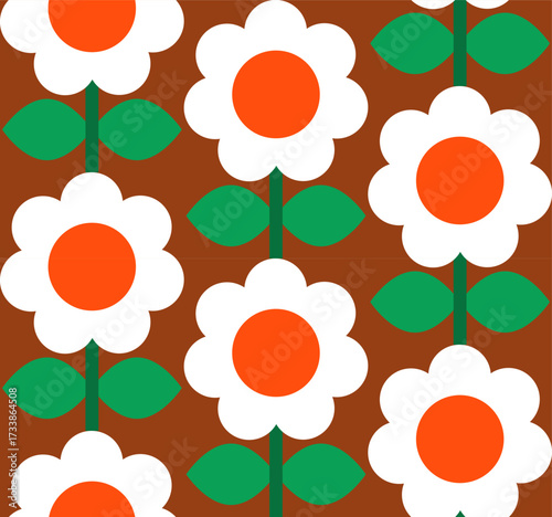 bold bright retro abstract minimalist daisy flowers in red brown green colors seamless pattern, vector illustration repeat design mid mod print