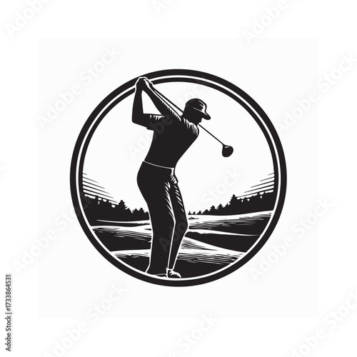 Man Playing Golf Silhouette on Lush Green Field Vector Design