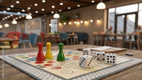 Colorful board game with dice and pawns arranged on a table