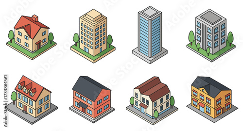 Isometric building collection: residential and commercial architecture designs