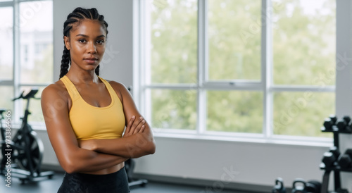 Free Download Confident fit Black woman with braided hair posing in a gym. Portrait of a strong female athlete with arms crossed. Fitness and wellness lifestyle concept - GFXLoad