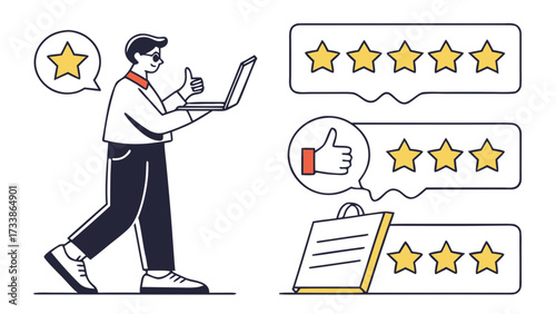 Man giving thumbs up with laptop and star ratings feedback