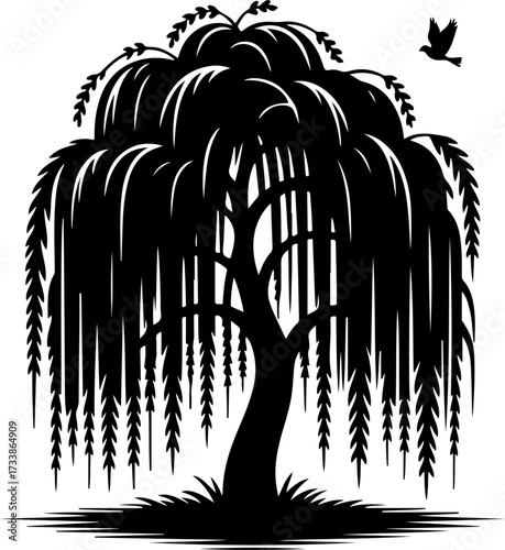 Black silhouette of a weeping willow tree with cascading branches and a bird in flight