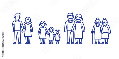 Diverse family generations illustrated in simple outline style