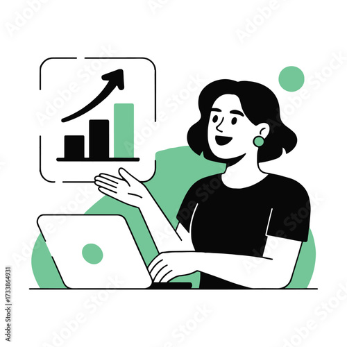 Vector art of a woman presents a growth chart on a laptop, illustrating progress and success, the graph represents positive trends