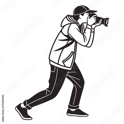 Man in baseball cap and hoodie taking photo with camera