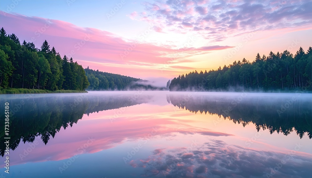 Fototapeta premium Serene Lake Reflection at Sunrise Featuring Pink Clouds Green Trees and Calm Water Landscape in Misty Light Conditions