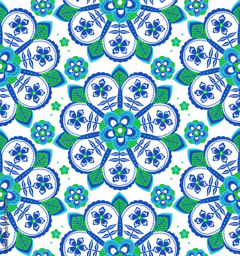 floral mandala medallions in soft blue green white tones seamless pattern, vector illustration repeat boho print design