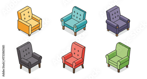 Colorful isometric armchairs collection on white background