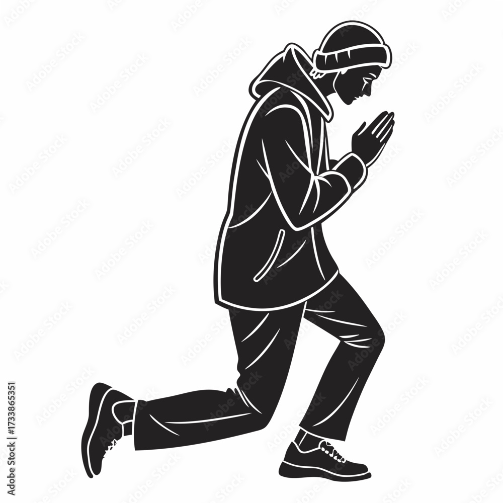 Fototapeta premium Man in hooded jacket and beanie praying on white background