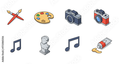 Creative tools and art elements set in isometric flat design