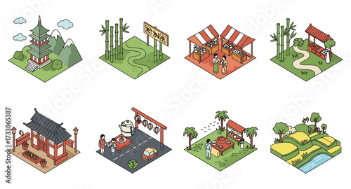 Isometric asian cultural icons: temples, markets, and nature scenes