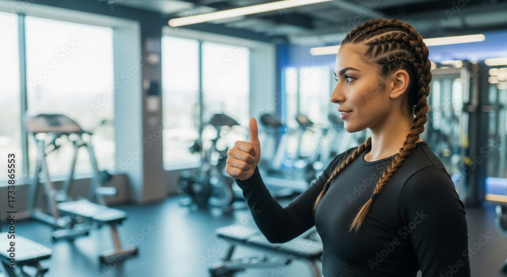 Fototapeta premium Fit woman with braids giving a thumbs up in the gym. Positive athlete showing approval after a workout. Healthy lifestyle and fitness motivation concept