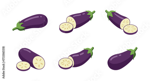 Detailed eggplant icons set: whole and sliced variations for culinary designs