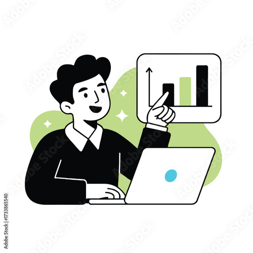 Vector art of a smiling man with black hair is pointing to a graph on a laptop screen, he is wearing a black shirt and has a green background