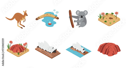 Iconic australian elements: kangaroo, boomerang, and landmarks in isometric style