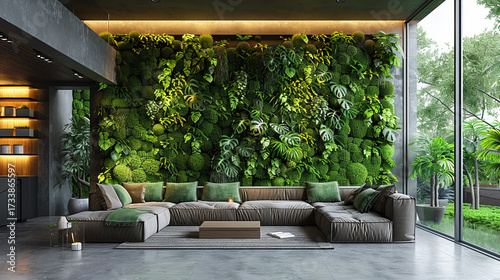 Stunning modern living room with floor-to-ceiling glass walls, vibrant orange sofas, open-plan dining and kitchen area, surrounded by lush greenery, seamlessly blending luxury, comfort, and contempora