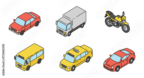 Isometric vehicle icons set featuring cars, motorcycle, truck, and bus