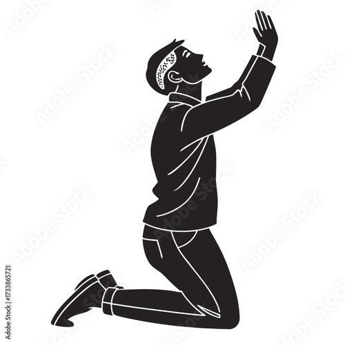 Man kneeling with hands raised in prayer or supplication
