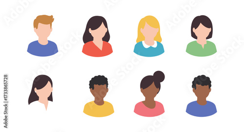 Diverse avatars in flat style featuring men and women with various hairstyles and colors