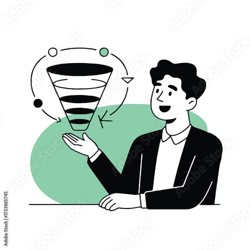 Vector art of a cheerful businessman gesturing towards a sales funnel, illustrating the process of converting leads into customers