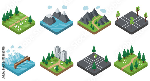 Isometric nature and urban scene collection with mountains, forests, and roads