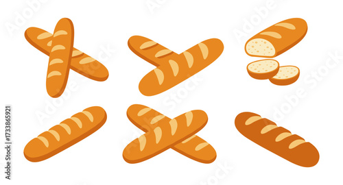 Assorted baguette bread collection with slices on white background