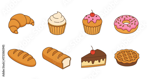 Assorted pastries and desserts in cartoon style: cupcakes, croissants, and more