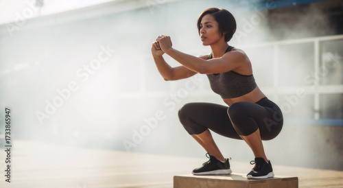 Fototapeta Naklejka Na Ścianę i Meble -  Athletic African American woman performing a deep squat on a plyo box. Fitness and strength training workout. Motivation and determination concept with copy space