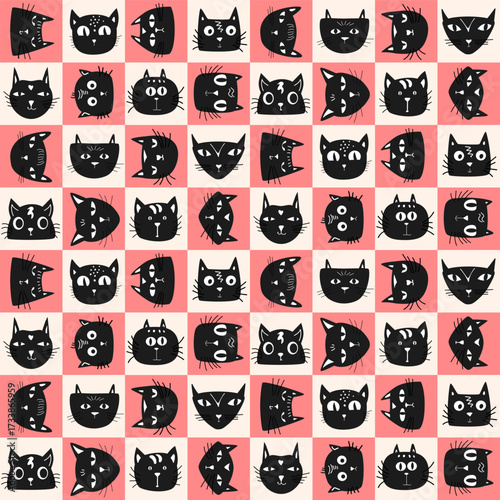 funny cute black cats avatars in beige and pink checkerboard seamless pattern, vector illustration repeat design print