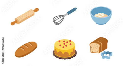 Kitchen tools and baked goods set in flat style for culinary design projects