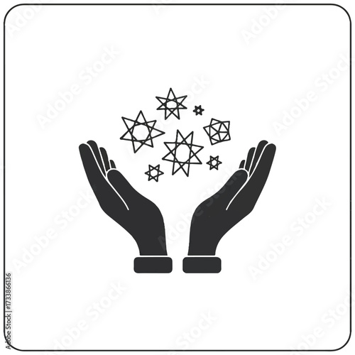 Hands holding sparkling stars representing magic and wonder on a clean white surface, conveying a sense of enchantment and possibility.