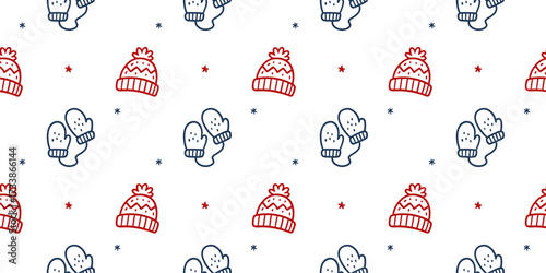 Seamless vector illustration of winter-themed pattern featuring hand-drawn mittens and hats. Ideal for seasonal designs, this repeating pattern brings a cozy winter aesthetic to fabrics or prints.