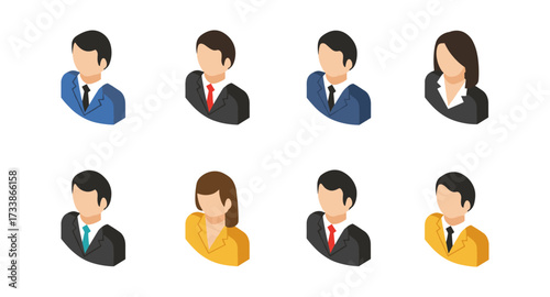 Isometric business professionals avatars set in formal attire on white background