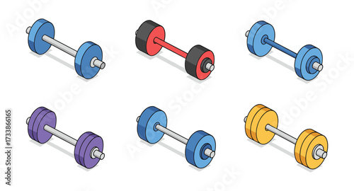 Colorful dumbbells set in isometric style for fitness and gym design