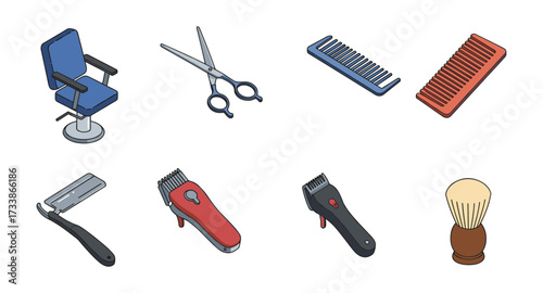 Isometric barber tools set including scissors, comb, razor, and clipper on white background
