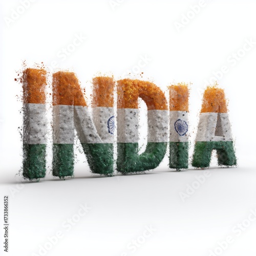 Exploding india lettering with indian flag colors on a white background represents indian culture and identity