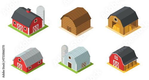 Isometric farm buildings set: diverse barn styles in modern design