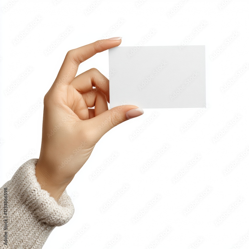 Fototapeta premium A person's hand holding a blank card with a soft sweater sleeve visible. The card is plain and ready for customization