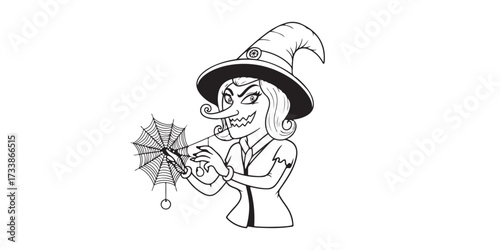 Cartoon witch holding a crystal ball with a grinning face