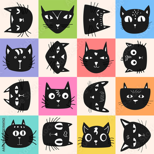 cute fun adorable black cats faces portraits in rainbow pastel colorful chekcers seamless pattern, vector illustration repeat design