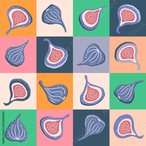 fig fruits in colorful retro checkers seamless pattern, vectror illustration repeat design