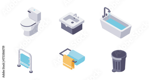 Isometric bathroom elements set with toilet, sink, bathtub, and accessories