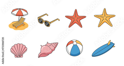 Colorful beach elements set: sunglasses, starfish, shells, beach ball, surfboard