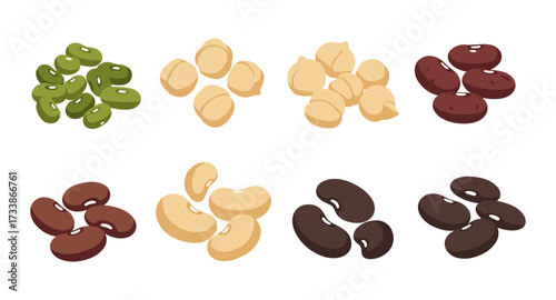 Colorful assorted beans set on white background
