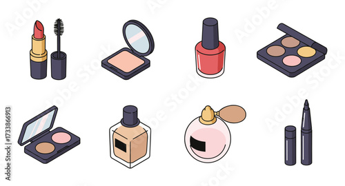 Stylish makeup icons collection: lipstick, mascara, nail polish, perfume, eyeshadow