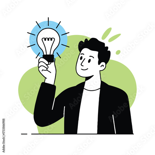 Vector art of a man is holding a light bulb, symbolizing a bright idea or innovation, hes dressed in a jacket, representing professionalism
