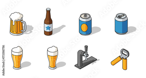 Isometric beer icons set: mugs, bottles, cans, and opener in flat style
