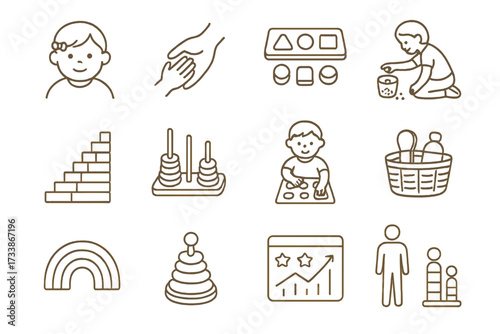 Montessori Education and Early Childhood Development Line Icons Set