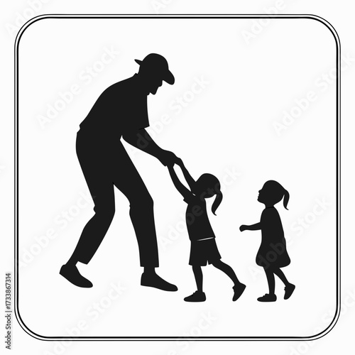 Man with hat holding hands with two children silhouette